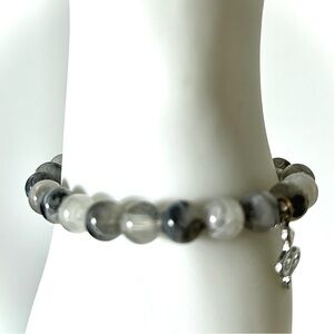 Cloudy Ghost Quartz Beads Bracelet Stretch with silver Snake charm 6 1/4 nWOT